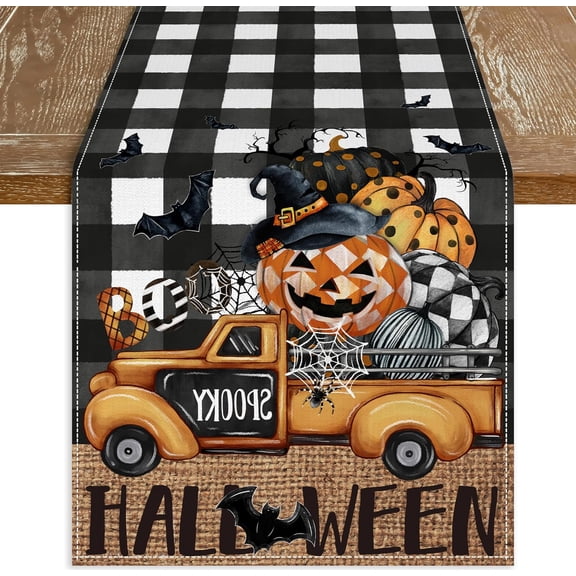 Halloween Table Runner, Black Buffalo Plaid Bat Pumpkin Ghost Truck Spooky Halloween Runners for Table, Halloween Kitchen Dining Table Decor for Home Party 13 x 72 Inch