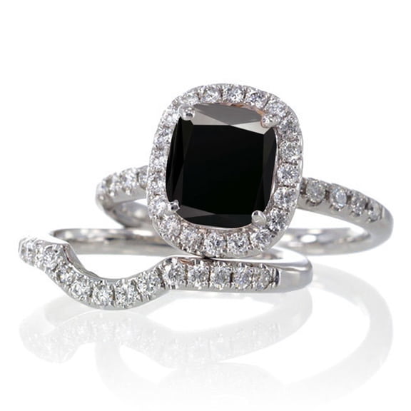 2 Carat Unique Black Diamond and diamond Bridal Ring Set on 10k White Gold