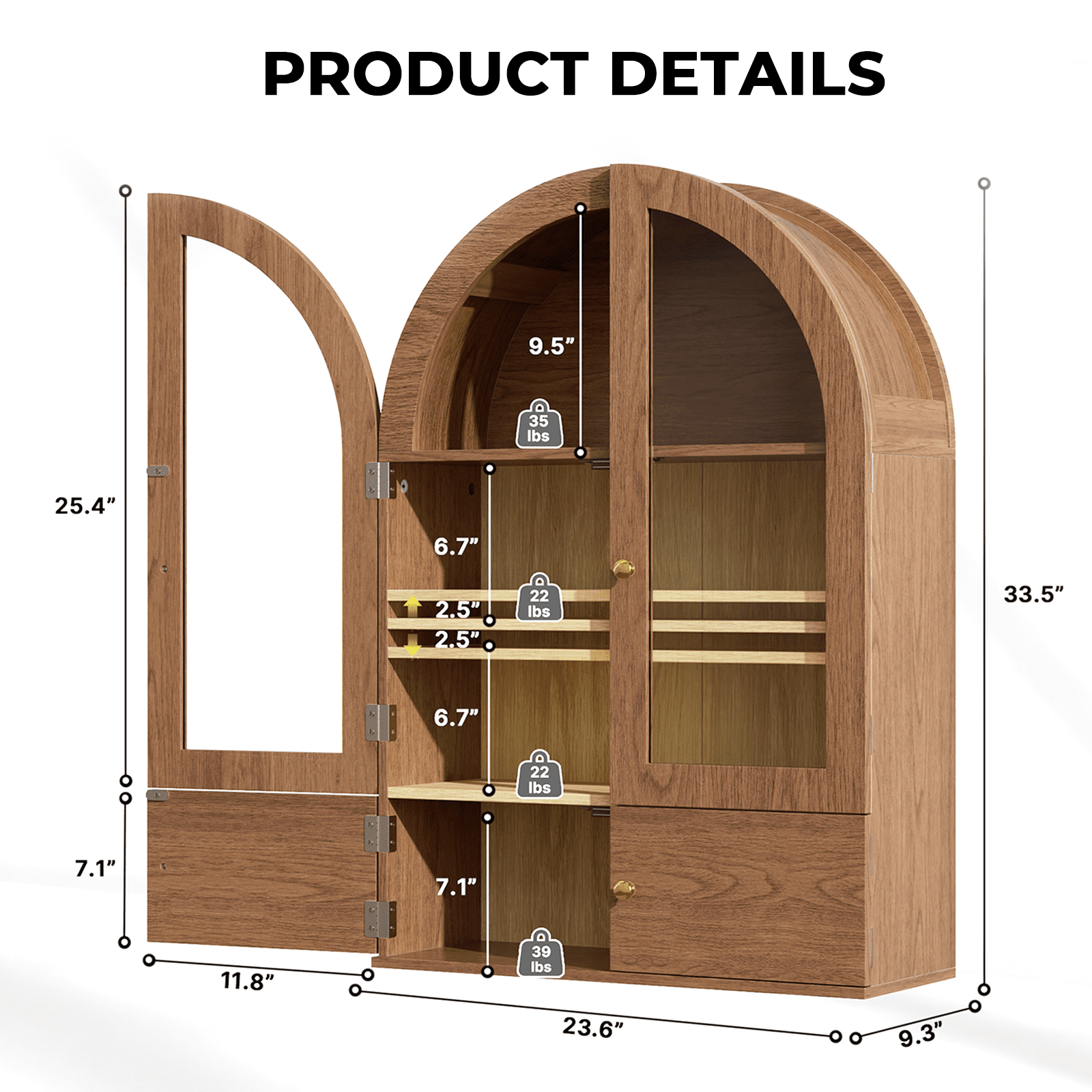 Flictozena Wall Mounted Arched Medicine Cabinet, Bathroom Storage Cabinet with Glass Doors and Adjustable Shelves, Over The Toilet Floating Cabinet for Small Spaces, Brown