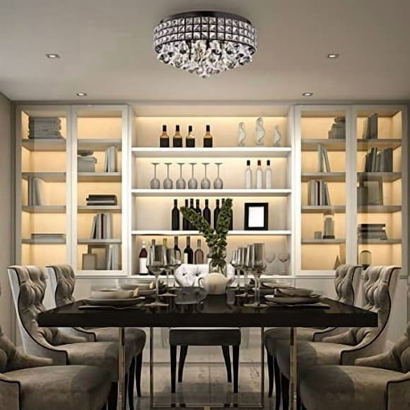Edvivi Lustre Tambour en Cristal Encastré, Luminaire Charmant de Luxe à 4 Lumières avec Fini Noir Antique, Abat-Jour Tambour en Cristal Carré Perlé, Plafonnier Encastré pour Entrée, Chambre, Garde-Robe