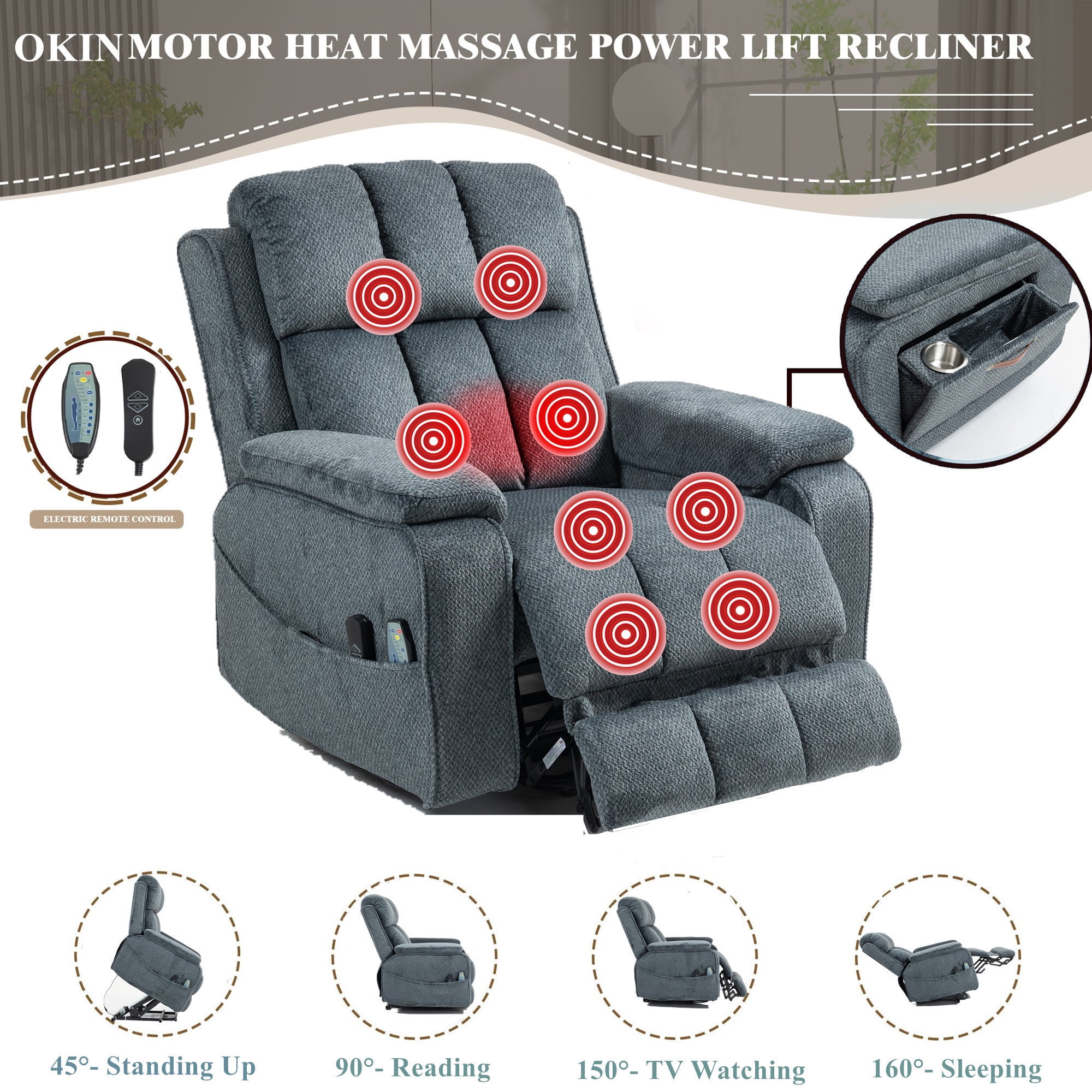 LITVZ Power Lift Recliner Chairs for Elderly Big Man 400lbs, Oversized Lay Flat Recliner with Heat & Massage, Extended Footrest and Side Storage Cup Holder for Adults Seniors