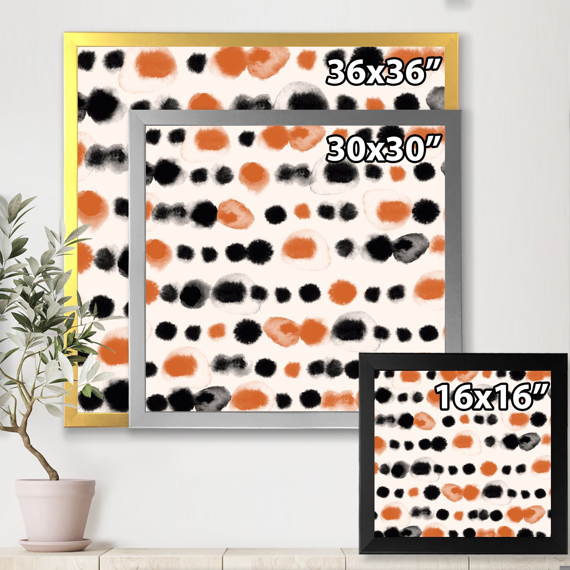 Designart 'Orange and Black Polka Dots' Modern Framed Art Print