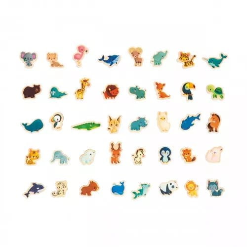 Janod - Minikids Magnetic World Puzzle - 40 FSC Wooden Magnets - 1 Poster - Animal Magnets - 24 Months