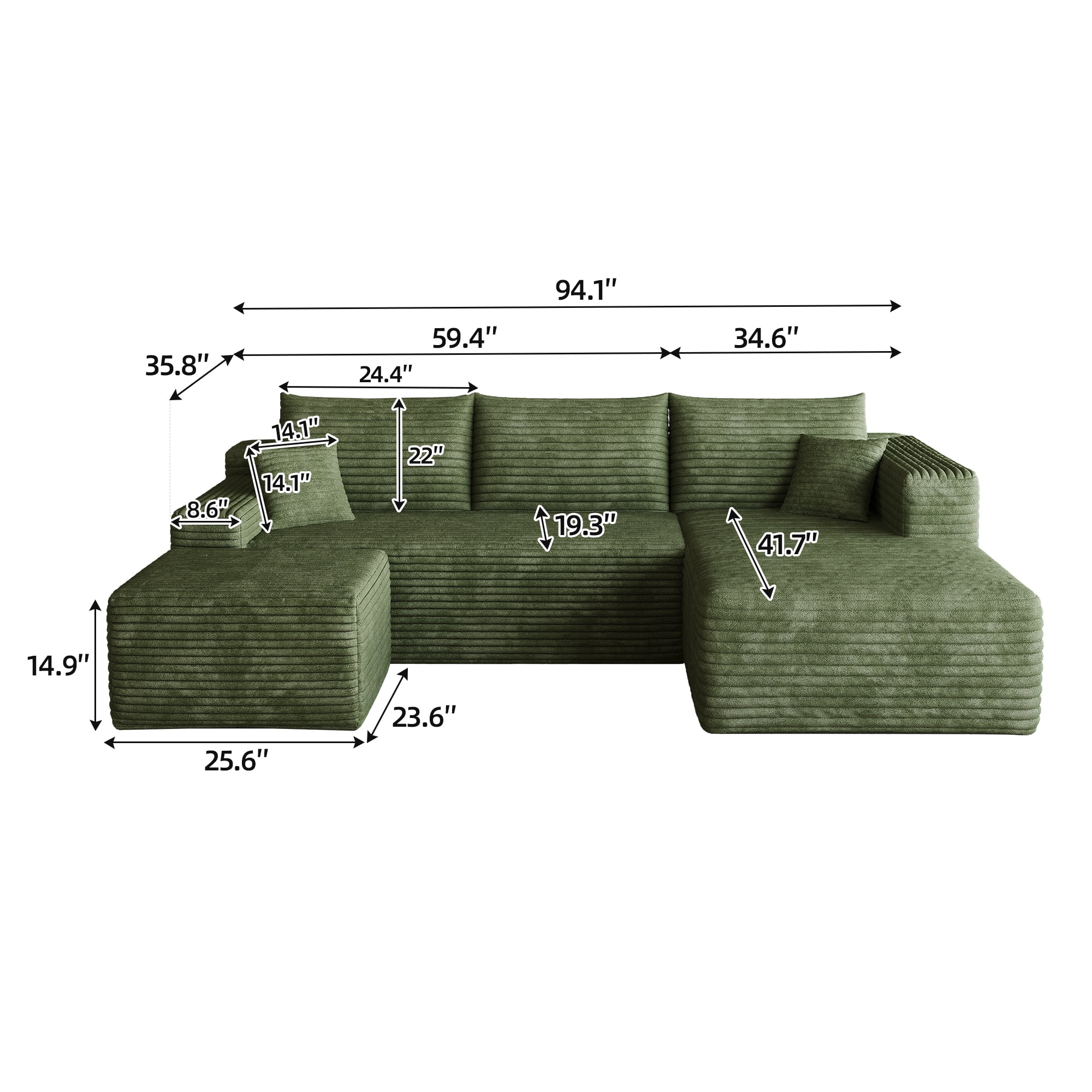 Cloud Sectional Sofa 95-Inch with Ottoman and U-Shaped Modular Design, Corner Couch and Deep Seat Living Room Set, No Assembly Required, Green