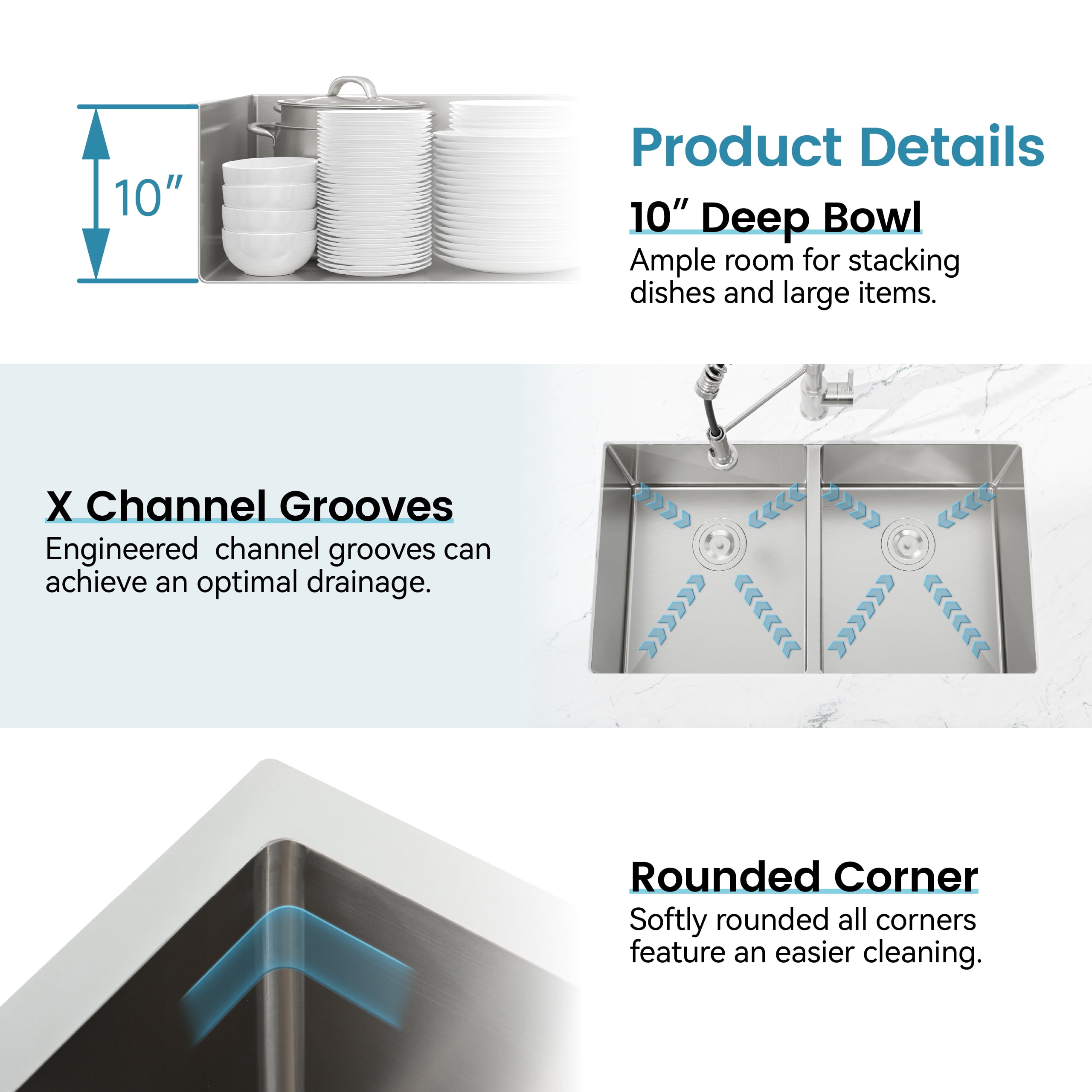 Izzovium 33"x19" Undermount Double Bowl Kitchen Sink, Brushed Stainless Steel 304, Dark Gray, 20 Gauge, Modern Design with Drain Grooves & Sound Absorbing