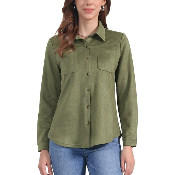 Camisa de Suede Falso INSPIRE CHIC para Mujer, Camisa de Botones de Manga Larga Casual Elegante, Ropa de Otoño 2024, Talla XS, Verde Oliva