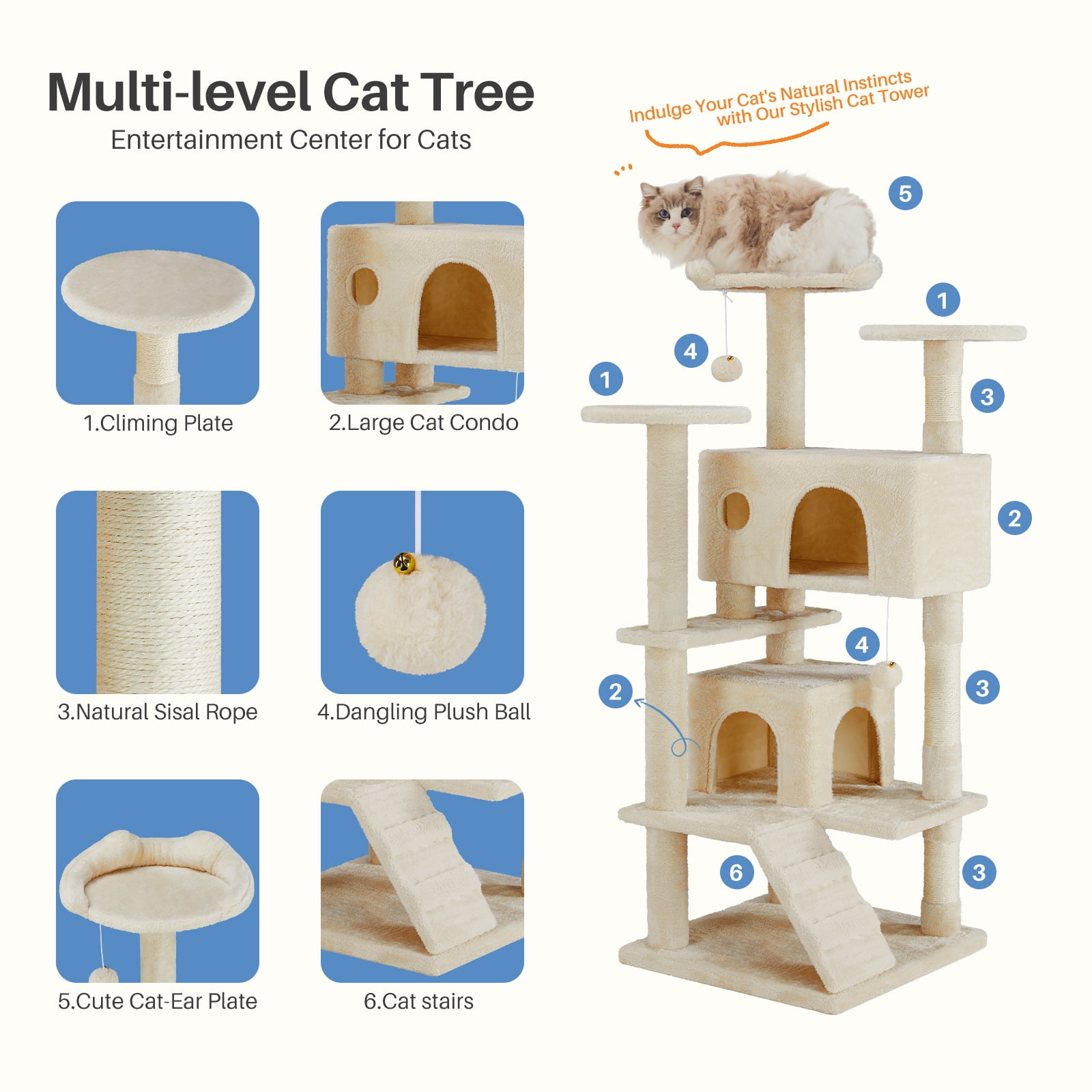 Cat Tree, 54-Inch Multi-Level Cat Tower with Scratching Post, Plush Cat Condo, Light Cream