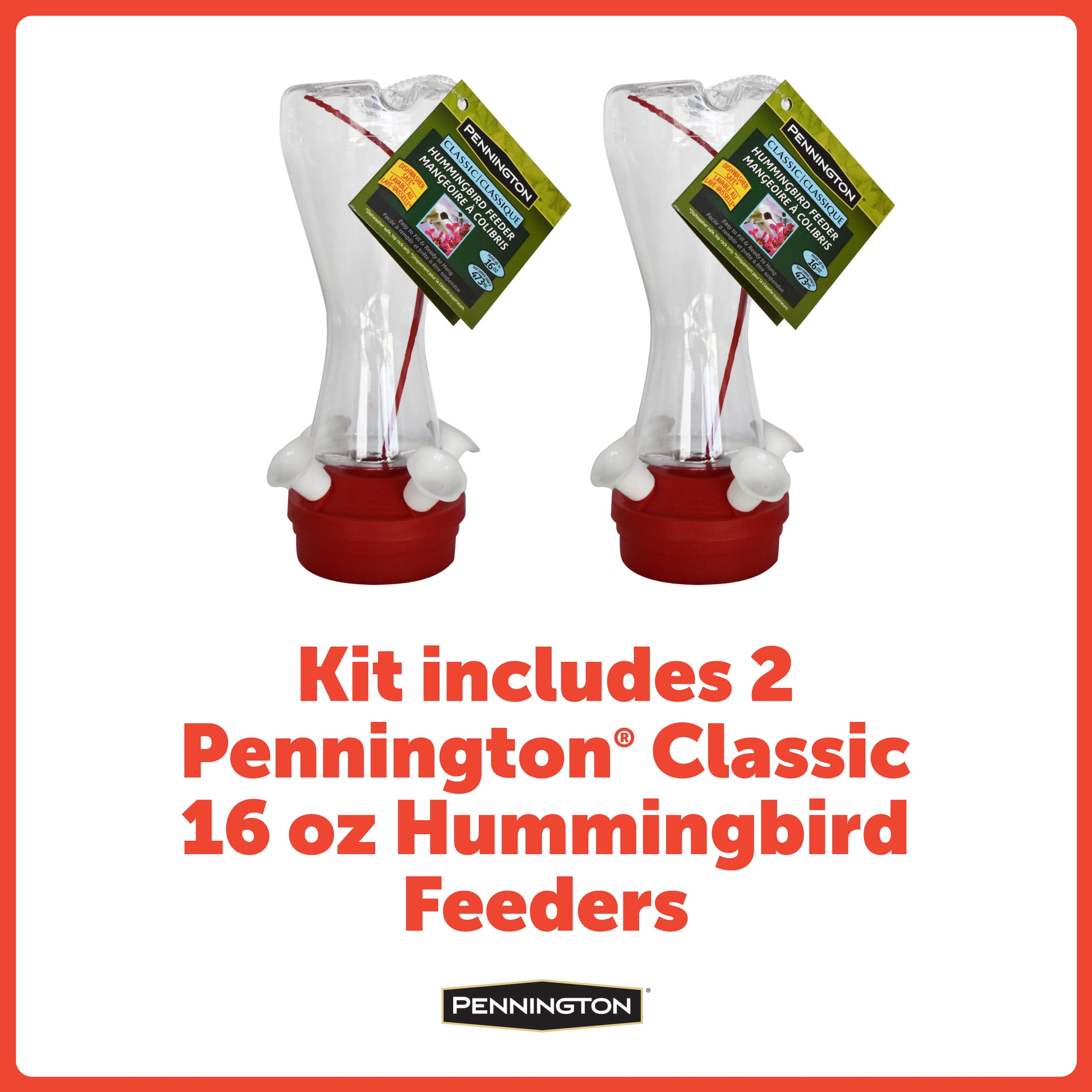 Pennington Plastic Classic Red Hummingbird Bird Feeder, 16 oz Capacity, 2 pack