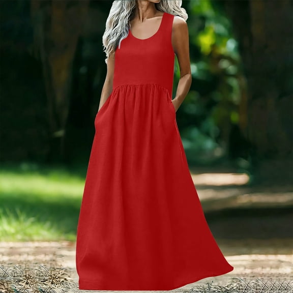 ClodeEU Women's Cotton Linen Tank Long Dresses with Pockets ,Round Neck Sleeveless Tunic Waist Swing Midi Dress Pink,Womens Plus L