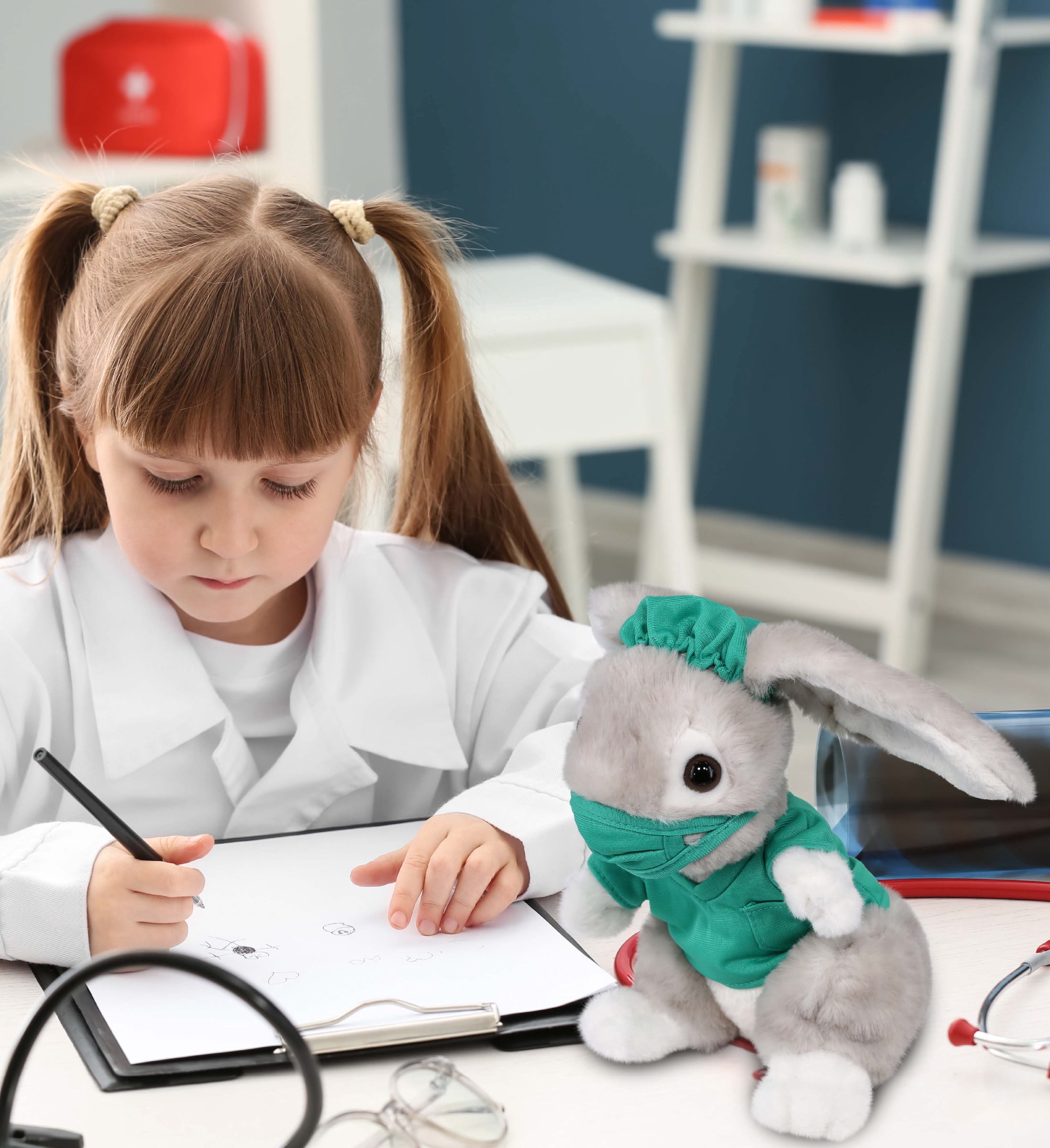 DolliBu Grey Rabbit Doctor Plush Toy - Super Soft Grey Rabbit Doctor Stuffed Animal Dress Up with Cute Scrub Uniform and Cap Outfit - Fluffy Doctor Toy Plush Gift - 6.5 Inches