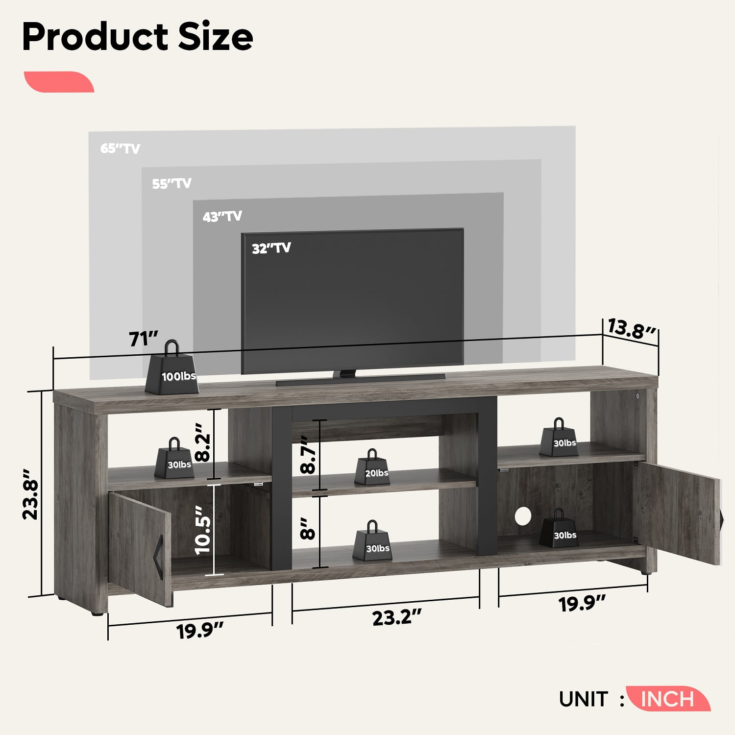 Bestier 70" Farmhouse TV Stand for TVs up to 80" with LED Lights, Entertainment Center with Cabinet & Open Shelves in Wash Grey