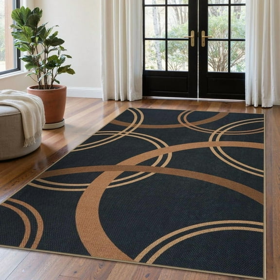 SUNDEREY 5'x7' Geometri Area Rug,5x7ft Washable Circular Pattern Rug,Easy Jute Indoor Outdoor Carpet, Farmhouse Non Slip Khaki Floor Rug for Bedroom Dining Room Office Entrance Kitchen,Black