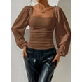 thumbnail image 3 of Women'S Square Neck Long Sleeve Crop Tops Puff Sleeve Ruched Blouse Dark Brown S, 3 of 8