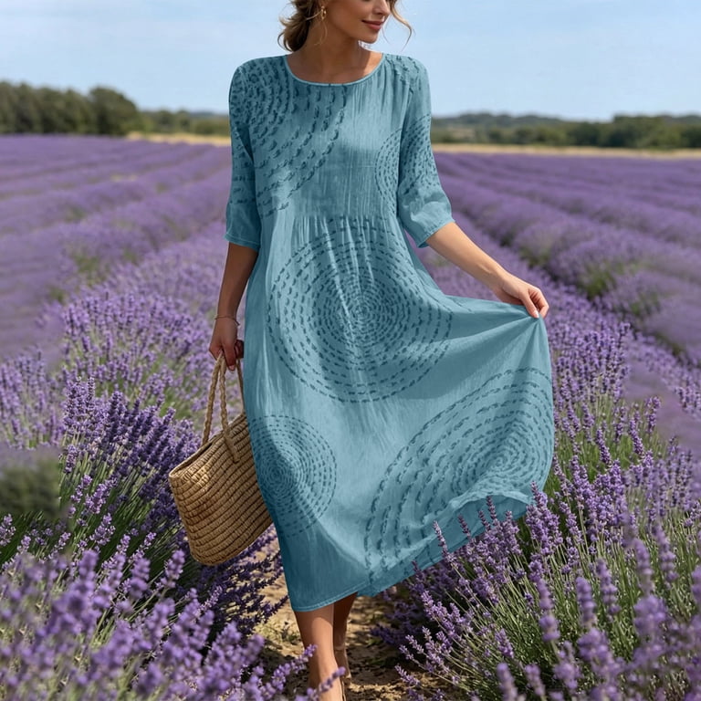mid winter dresses Yhajds Women Printed Maxi Dress Crew Neck MidLong Sleeve With Side Pockets Fall Casual Dresses, Women's, Size: XL, Blue RFD1-14A enjoying a weekend brunch To you:XL/42 Egyptian Bead Dress |