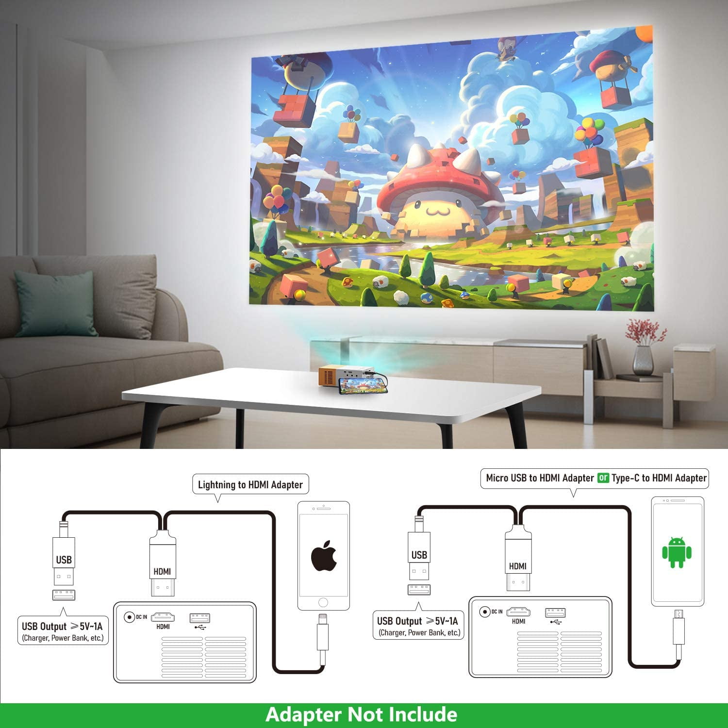 Outdoor Entertainment with HDMI USB TF AV Interfaces and Remote Control PVO Portable Projector Pico Full Color LED Video Projector for Cartoon TV Movie Projector Kids Gift Movie Mini Projector