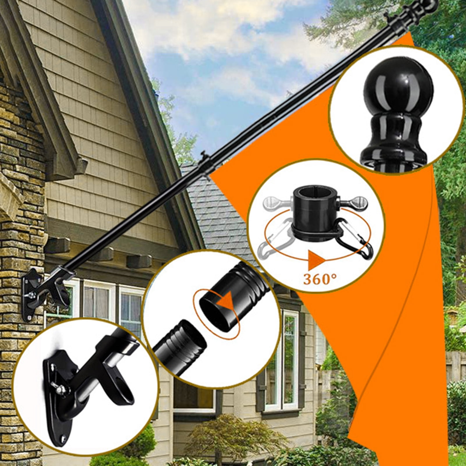 Flag Pole Kit Thickened Stainless Steel Outside Porch Wall Flagpole Entangle Free Rotating Flag Pole Rings Adjustable Multi-Positions Bracket Holder