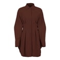 thumbnail image 3 of Robe T-Shirt Mini à Manches Longues Boutonnée pour Femme, Col à Revers, Plissée, Évasée, Courte, Marron G, 3 of 10