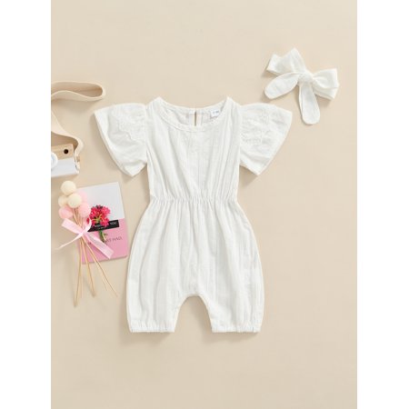 

Chollius Infant Baby Girls Flare Sleeve Ruffle Lace Romper Solid Color High Waist Crotch Buttons Jumpsuit Bow Headbands Set