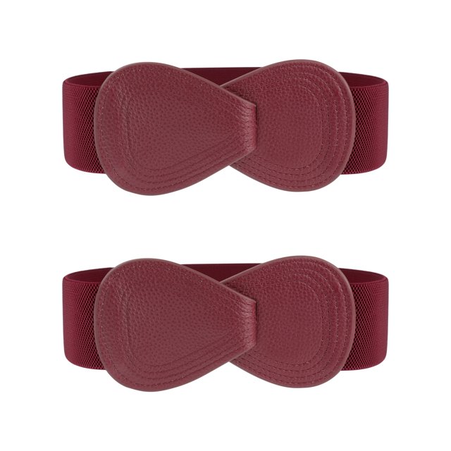 Cinturón elástico de cuero sintético con hebilla en forma de 8 Inspire Chic de 2 piezas para dama 33.5x2.36" (LxW) Burdeos