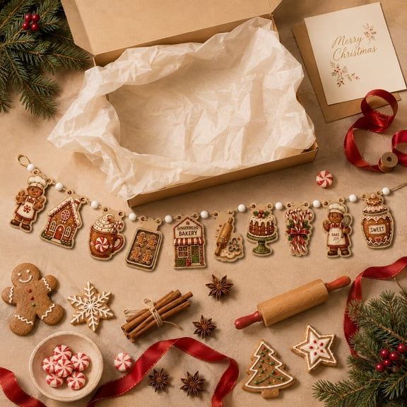 Gingerbread Bakery Christmas Ornament Wooden Garland Mantel Decor