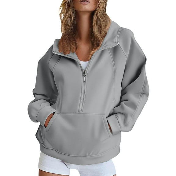 Mohiass Womens Sweatshirts Half Zip Pullover Fleece Quarter Zipper Hoodies 2025 Fall Fashion Clothes Gray M