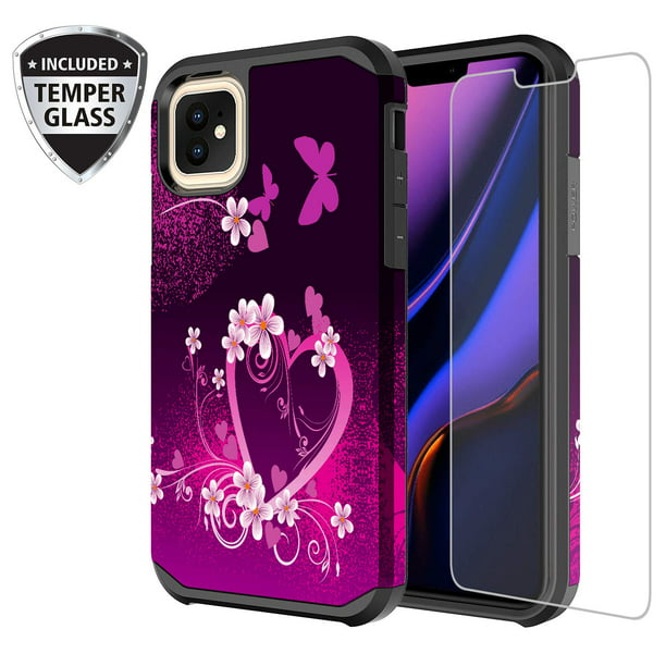 Case For Apple Iphone 11 Case With Tempered Glass Screen Protector Shock Proof For Girls Women Hot Pink Heart Walmart Com Walmart Com