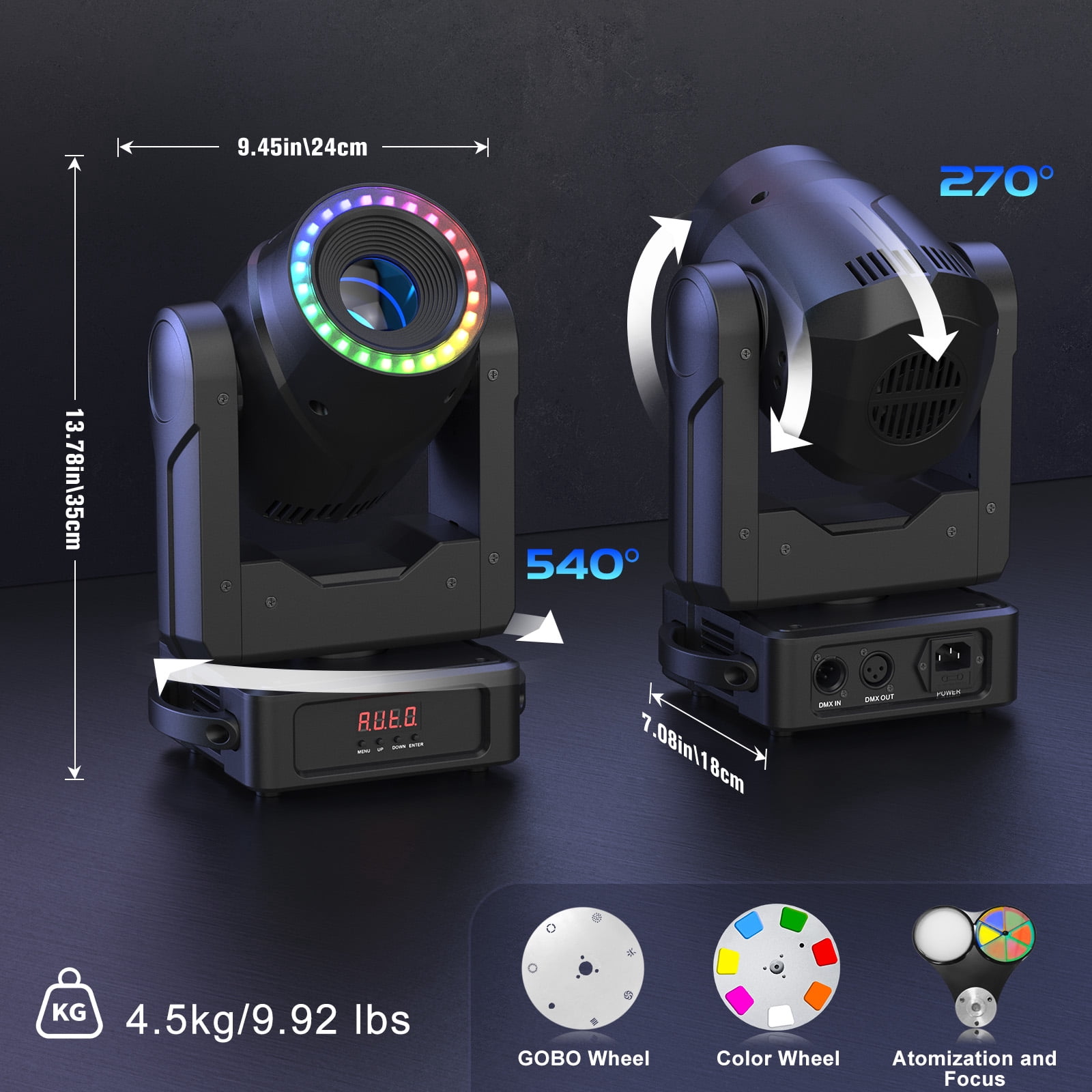 Moving Head DJ Lights ,150W (8000K) 7 Gobos 7 Colors Beam/Focus LED Stage Light,3-Facet Prism Party Light w/ RGB Ring Light 13/15CH for KTV Wedding Halloween Christmas
