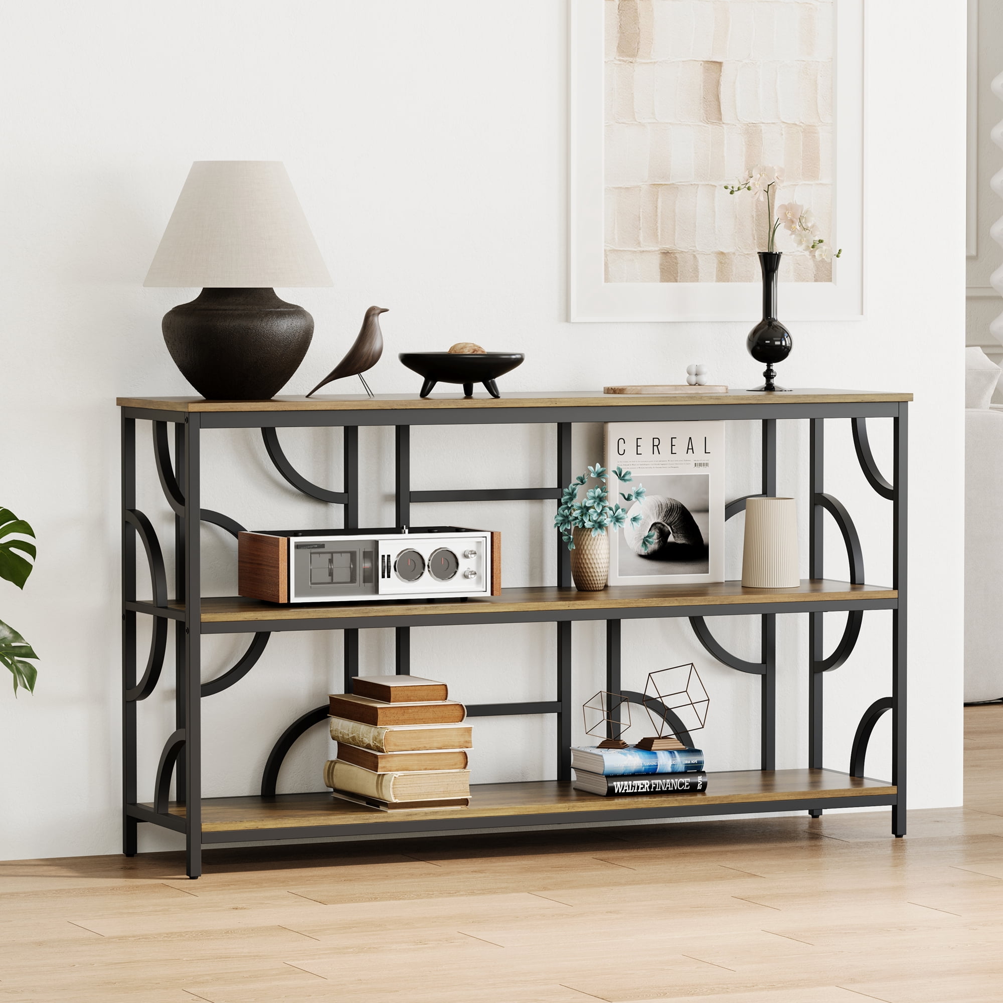 Vividwood 55'' Industrial Sofa Table, 3-Tier Storage Console Table with Unique Geometric Design, Behind Couch Accent Table for Entryway, Living Room, Foyer, Hallway, Office - Rustic Brown