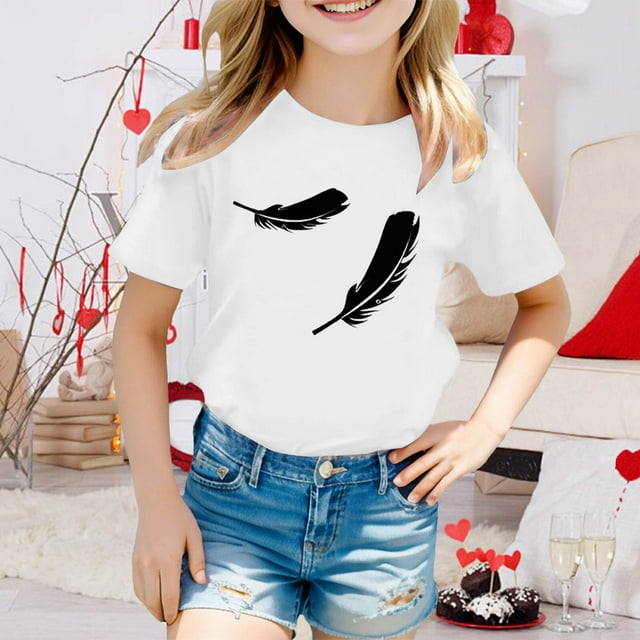 Hauts d'Été pour Filles pour Extérieur - T-Shirts Confortables à Col Rond avec Imprimés Mignons Extensibles et Respirants pour Enfants de 3 à 13 Ans