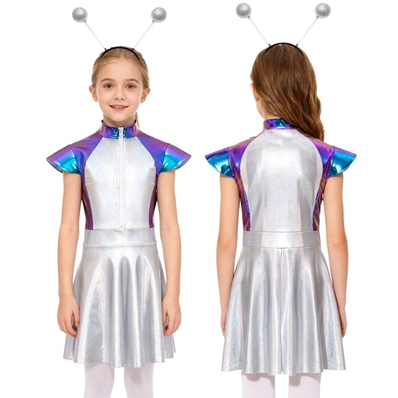 iiniim Girls Dance Outfit Metallic Cap Sleeve Zip Up Dress with Headband Robot Theme Performance Wear Blue 8