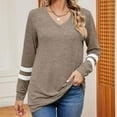 thumbnail image 2 of Womens Plus Size Tops Long Sleeve V Neck Patchwork Fall Winter Casual Loose Pullover Work Blouse Tops,Khaki,M, 2 of 3