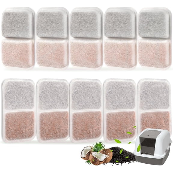 Pack of 10 filter replacements suitable for large, regular, or Catit Smartsift litter boxes. Dual-action air purifier pads absorb and neutralize odors from the litter box.