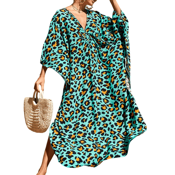 Cuteduck Women's Dress Summer Long Sleeve V-Neck Loose Flowing Print Bohemian Maxi Dress Free Size