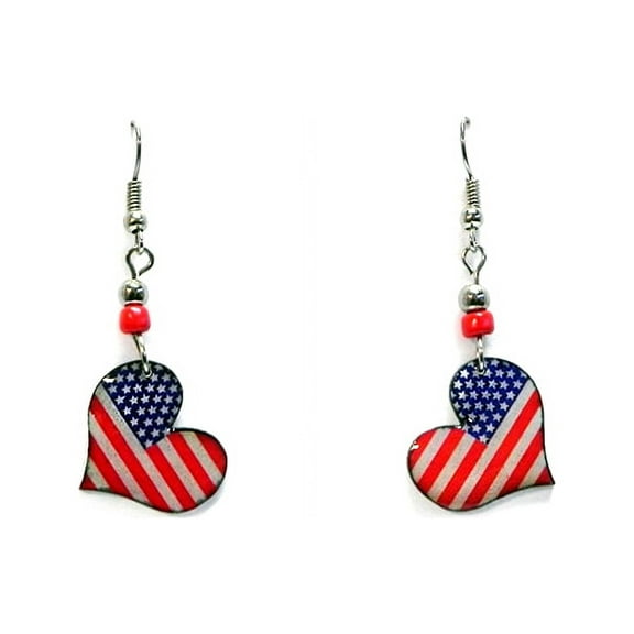 American Flag Heart Graphic Dangle Earrings - Womens Fashion Handmade Jewelry USA Accessories
