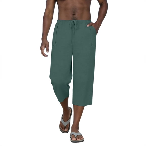 Men's Linen Capri Pants Casual Lightweight 3/4 Baggy Harem Pants Drawstring Elastic Waist Beach Yoga Pants with Pockets
