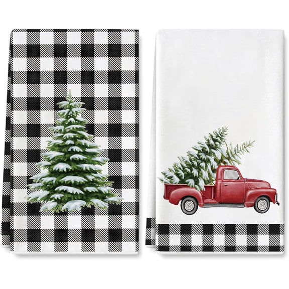 Christmas Kitchen Dish Towel 18 x 26 Inch Xmas Tree Truck Dishcloth White Black Plaid Decorative Hand Drying Tea Towel for Xmas Winter Holiday Kitchen Cooking Baking Bathroom, 2Pcs