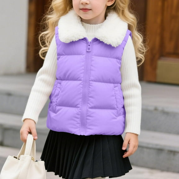 dazeni Girls' Winter Puffer Vest Cute Fluffy Stand Collar Quilted Vest Sleeveless Zip up Jackets Warm Short Outwear with Pockets Purple 7 Years