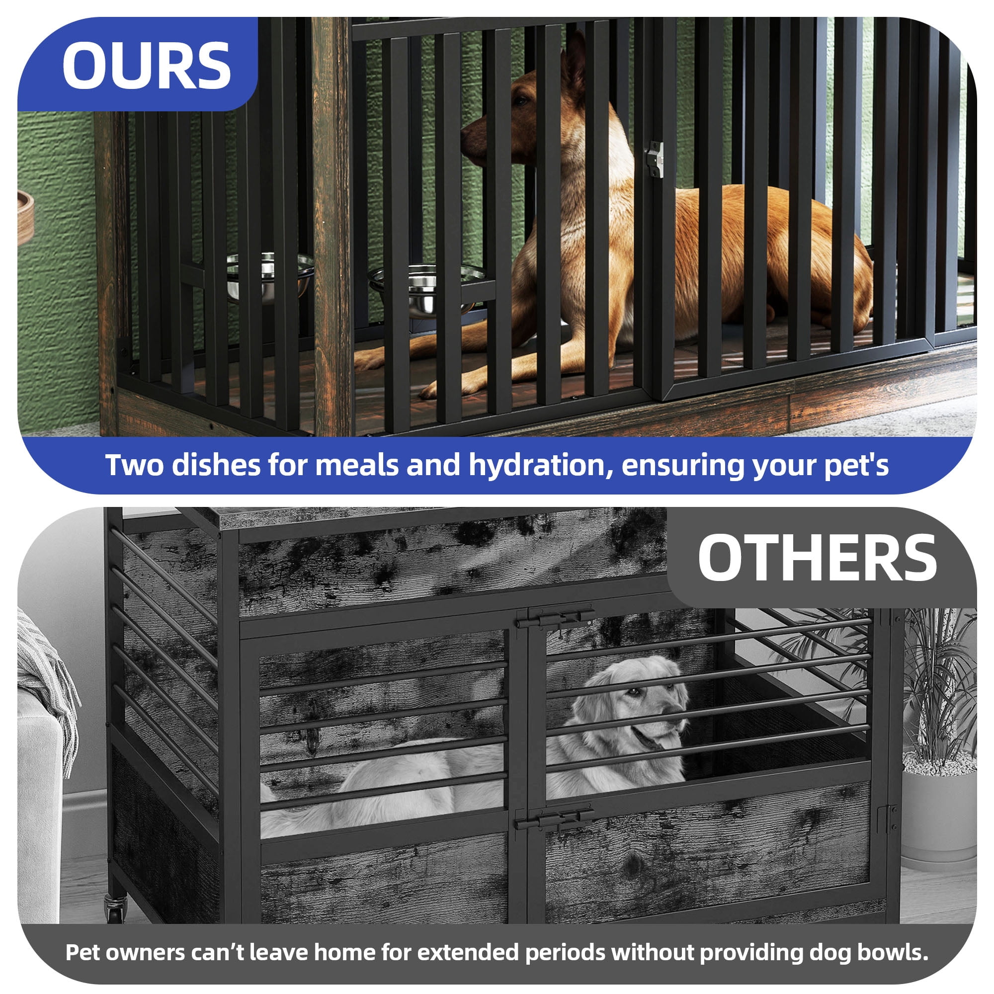 ModFusion 55" Extra-Large Pet Crate with Sliding Doors, Retro Wood & Iron Frame, Anti-Tip Design – Stylish Dog Cage for Living Room & Bedroom Use
