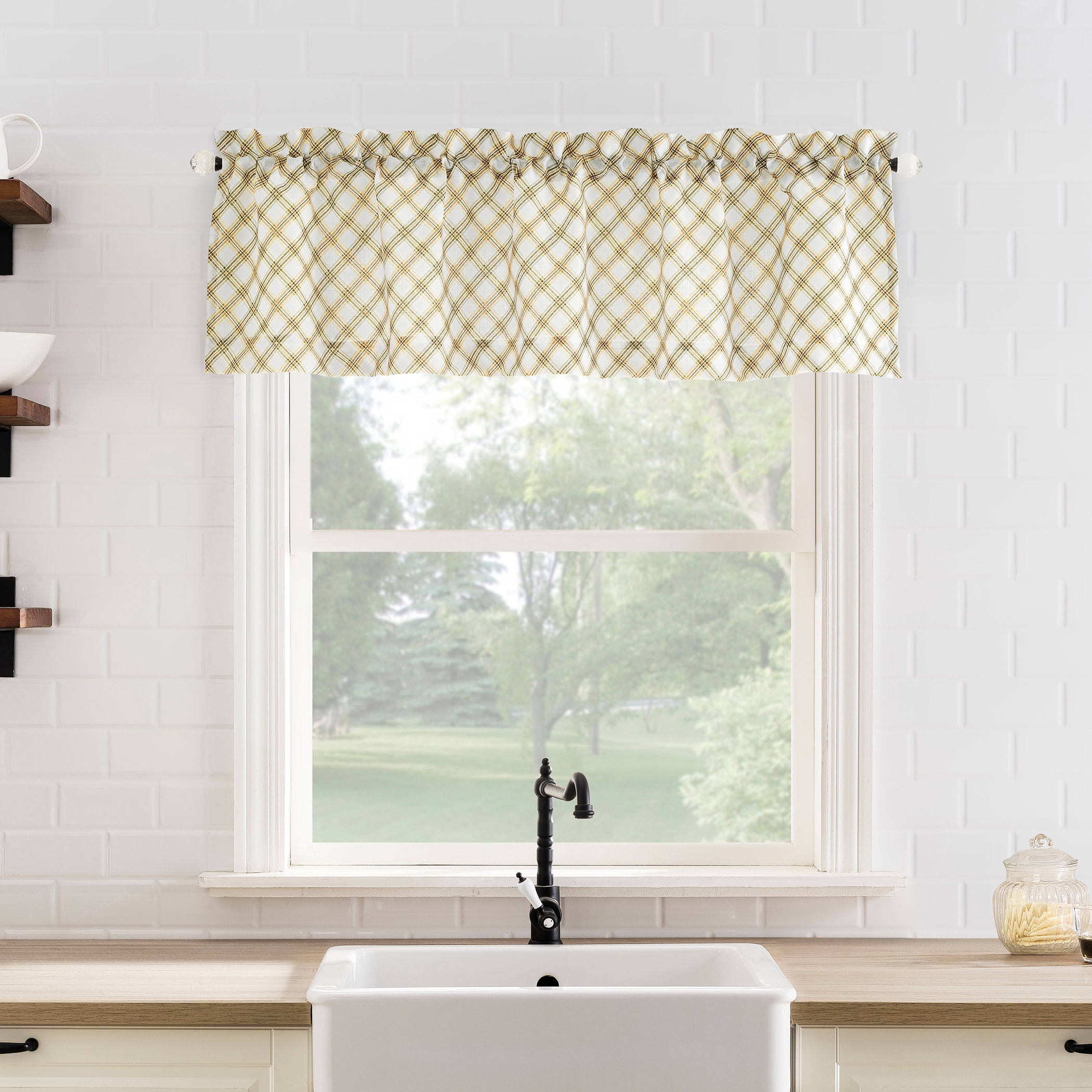 No. 918 Stone Bridge 2-Piece Plaid Semi-Sheer Rod Pocket Kitchen Curtains, 54"x24"