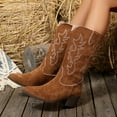 thumbnail image 3 of Retro Wide Calf Cowboy Boots for Women Roman Embroidered Suede Chunky Mid Heel Cowgirl Tall Boots Brown Size 7.5, 3 of 7