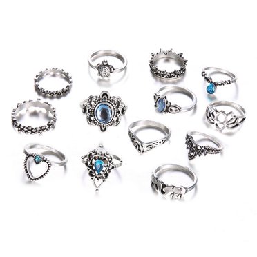 Visland 13 Pcs Bagues Vintage Décor en Strass Ajourées Polies en Acier Inoxydable Sculpté Étoile Couronne Forme de Tortue Ensemble de Bagues Exquis Bijoux de Doigt pour Femme