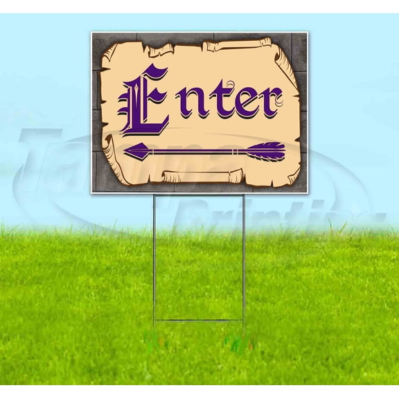 Medieval Fair Enter Left Arrow Purple Scroll  (18"" X 24"") Yard Sign, Includes Metal Step Stake