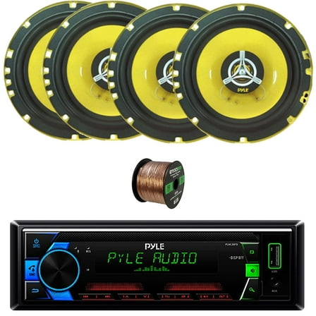 Pyle PLML50FB Single DIN AM/FM MP3 USB/AUX Stereo Receiver Bundle Combo Two Pairs (QTY 4) Of 6.5'' 240W Peak Power 2-Way Car Audio Speakers, 50 Feet 16 Gauge Speaker Wire
