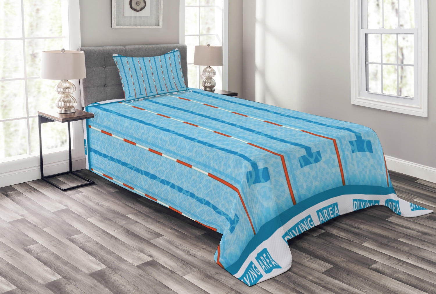 Blue Bedspread Sports Competition Theme Swimming Pool With Lanes Aquatic Pictogram Image Decorative Quilted 2 Piece Coverlet Set With Pillow Sham Twin Size Aqua Red And White By Ambesonne Walmart Com
