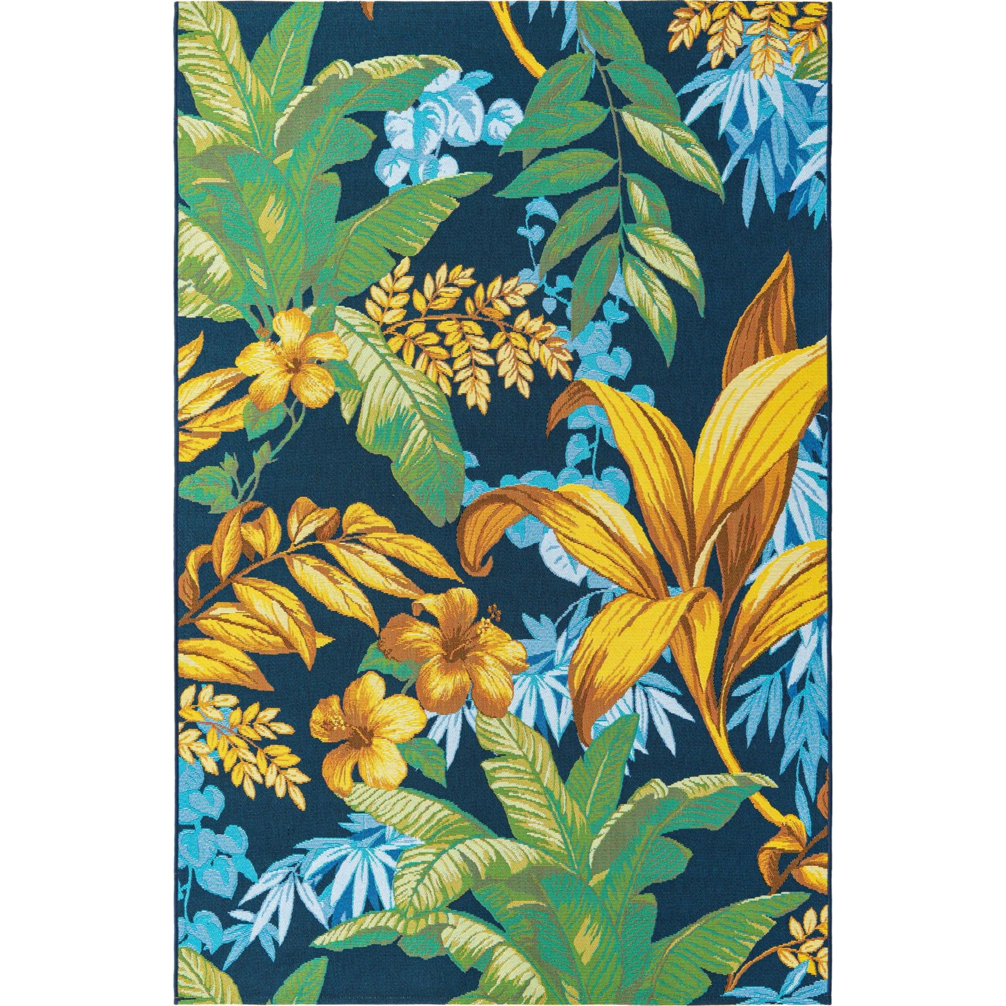 5.25' x 8' Blue and Gold Tropical Floral Rectangular Outdoor Area Throw