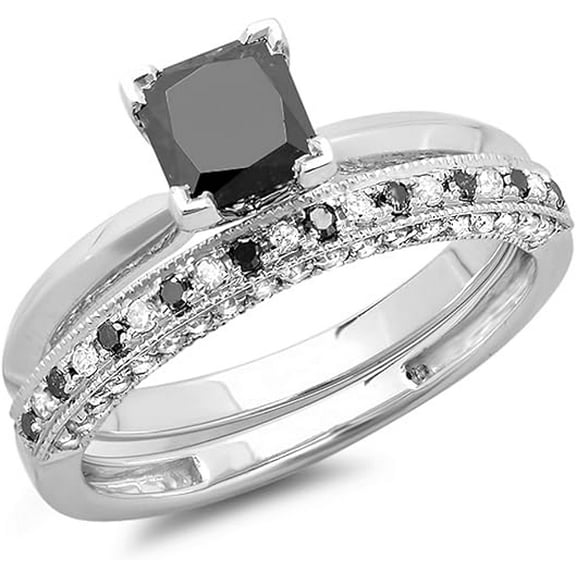 beryl_creation Women's 925 Sterling Silver 1.42 Ct Princess Cut Black Diamond Wedding Engagement Five Stone Bridal Ring Set 14K White Gold Plated -9.5