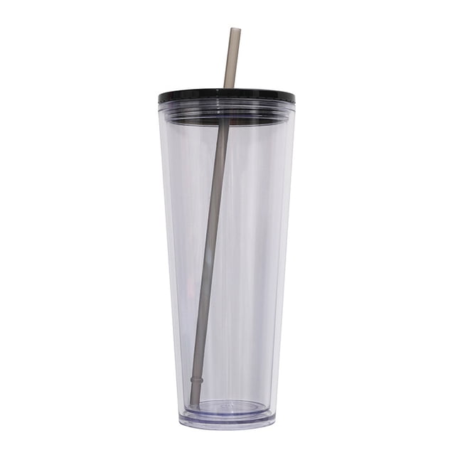 Taza de agua fría de plástico de doble capa de 750 ml, taza de bebida transparente, taza de agua con pajita con tapa de color