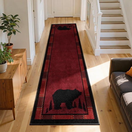 Rustic Cabin Runner Rug2x7ft, Vintage Red Plaid Bear Woodland Washable Non-Slip Hallway Entryway Mat