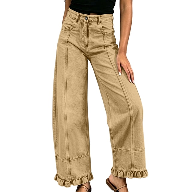 Hinvhai Womens Ruffle Wide Leg Jeans Cropped Elastic High Waisted Baggy Denim Pants Yellow L(L)