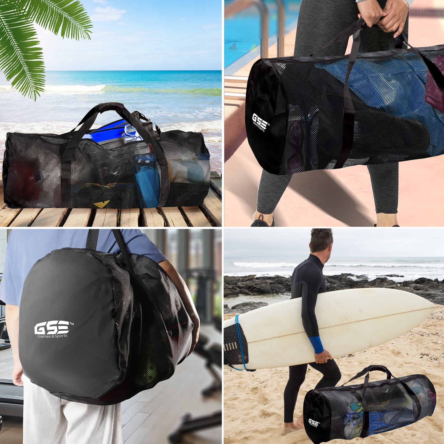 GSE Games & Sports Expert 6 Pack Large Mesh Duffel Bag with Zipper. Sport Equipment Scuba Bag for Sport Balls, Team Practice, Swimming Gear, Diving, Rafting, Water Sports - Black